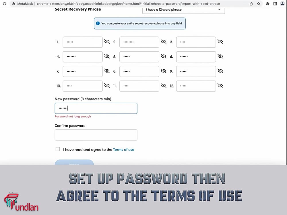 Set up password to import Metamask