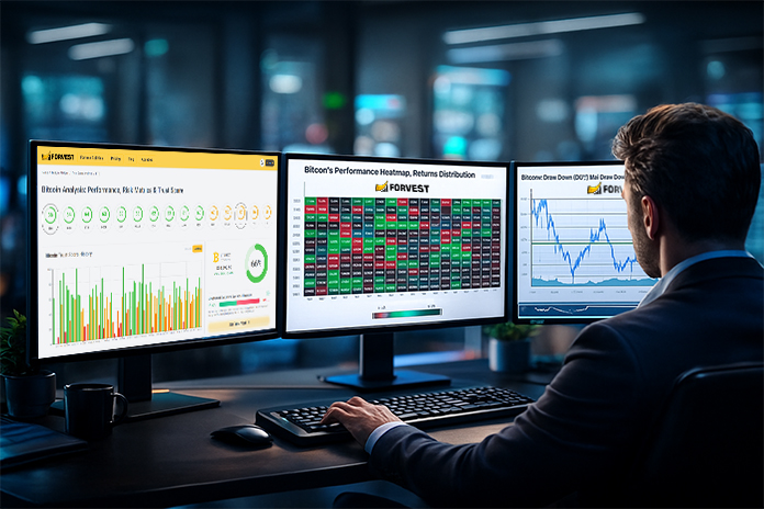 Investor analyzing Bitcoin risk on Forvest multi screen crypto dashboard